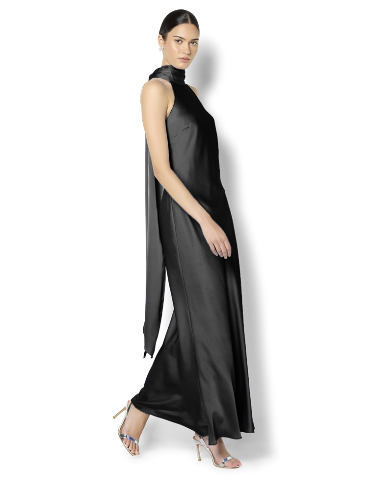 black silk dress australia Azalea Black Satin Maxi Dress – Montique