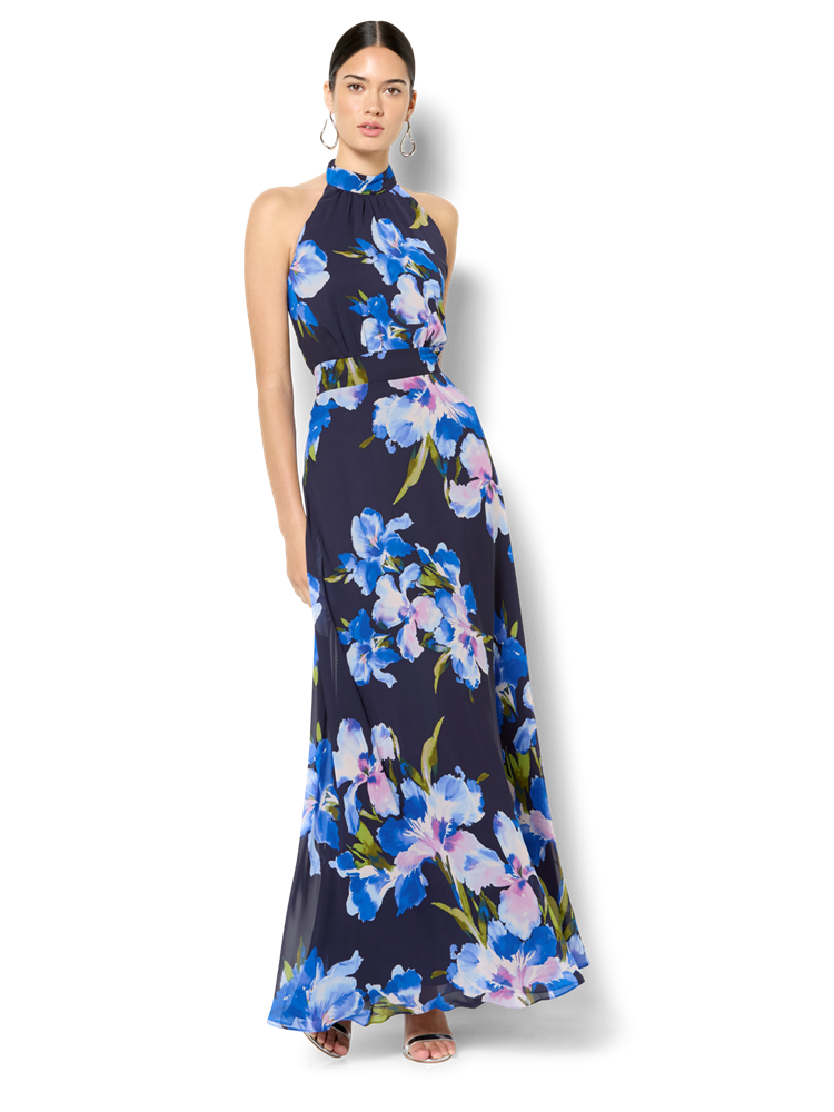 Eliana Navy Floral Print Halter Dress