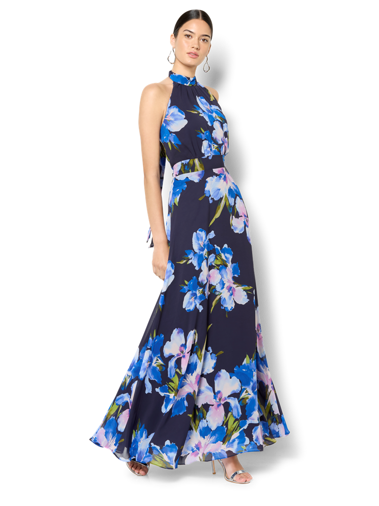Eliana Navy Floral Print Halter Dress