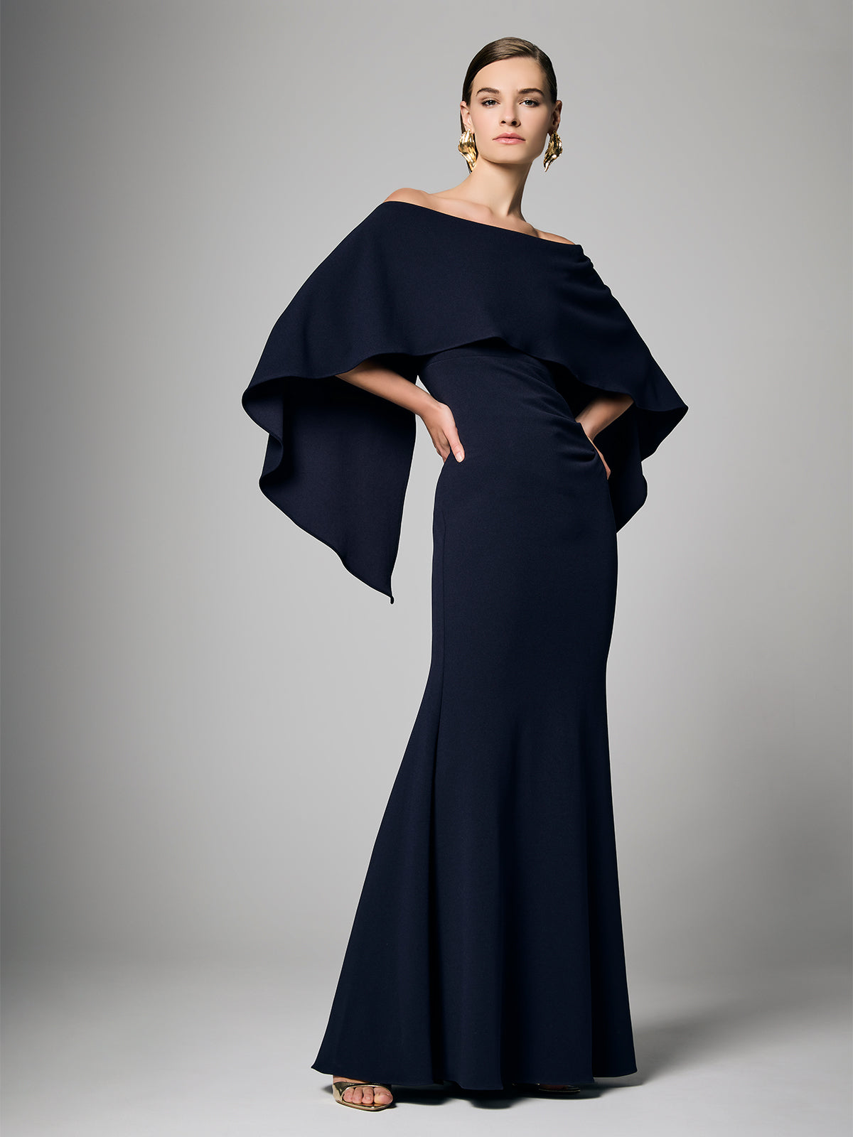 Ariella Navy Stretch Crepe Gown | Montique | Navy Off-the-Shoulder Gown Ariella Navy Stretch Crepe Gown | Montique | Navy Off-the-Shoulder Gown
