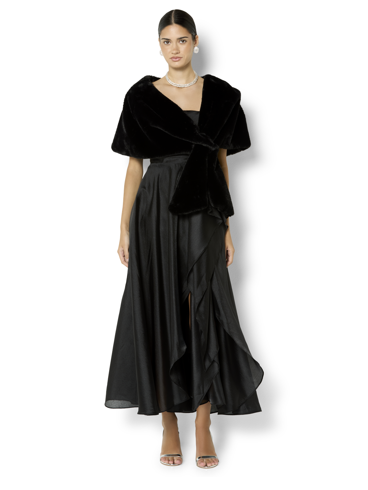 black dress with fur shawl Karine Black Faux Fur Shawl