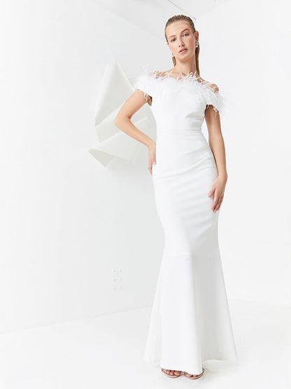 Alessandra Ivory Feather Trim Gown by Montique