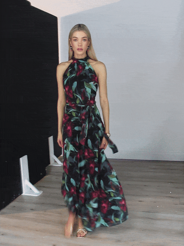Fifi Tropical Print Halter Gown by Montique