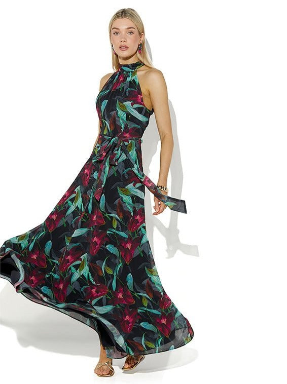 Fifi Tropical Print Halter Gown by Montique