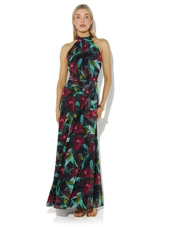 Fifi Tropical Print Halter Gown by Montique