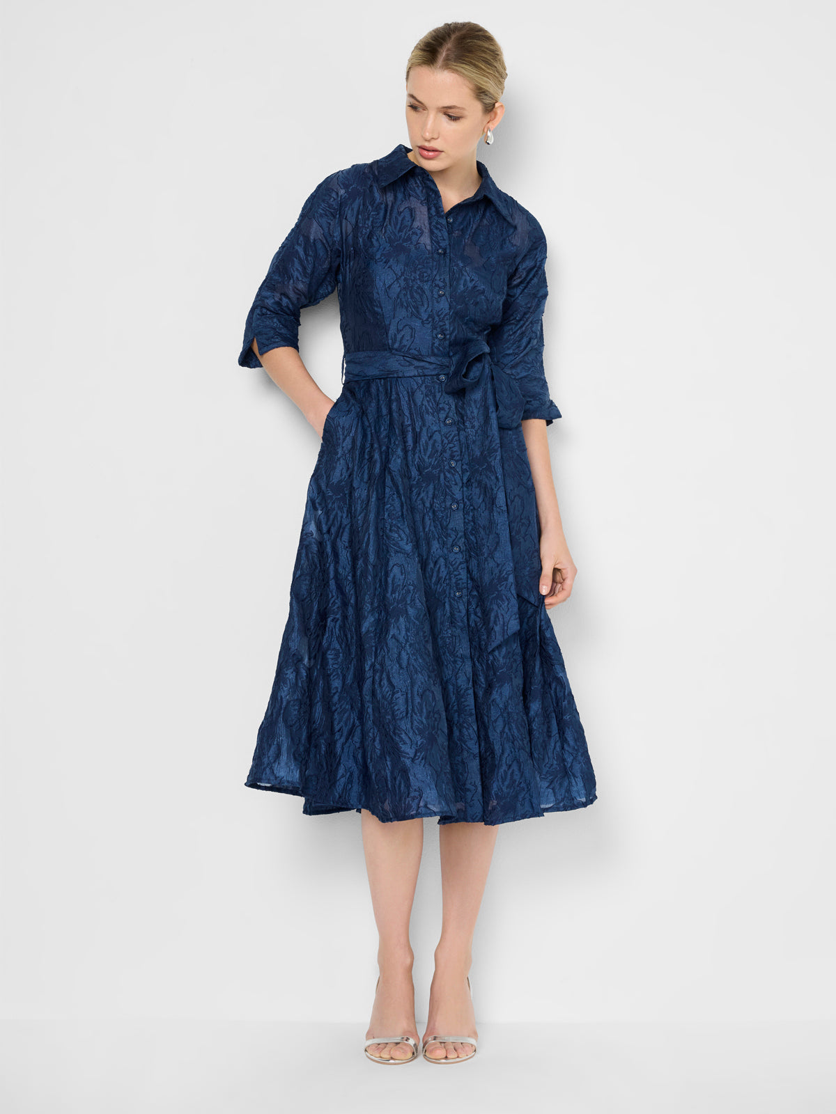 Liv Navy Fit & Flare Jacquard Shirt Dress