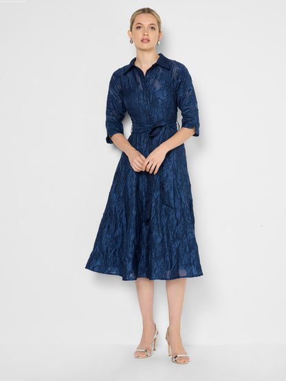 Liv Navy Fit & Flare Jacquard Shirt Dress