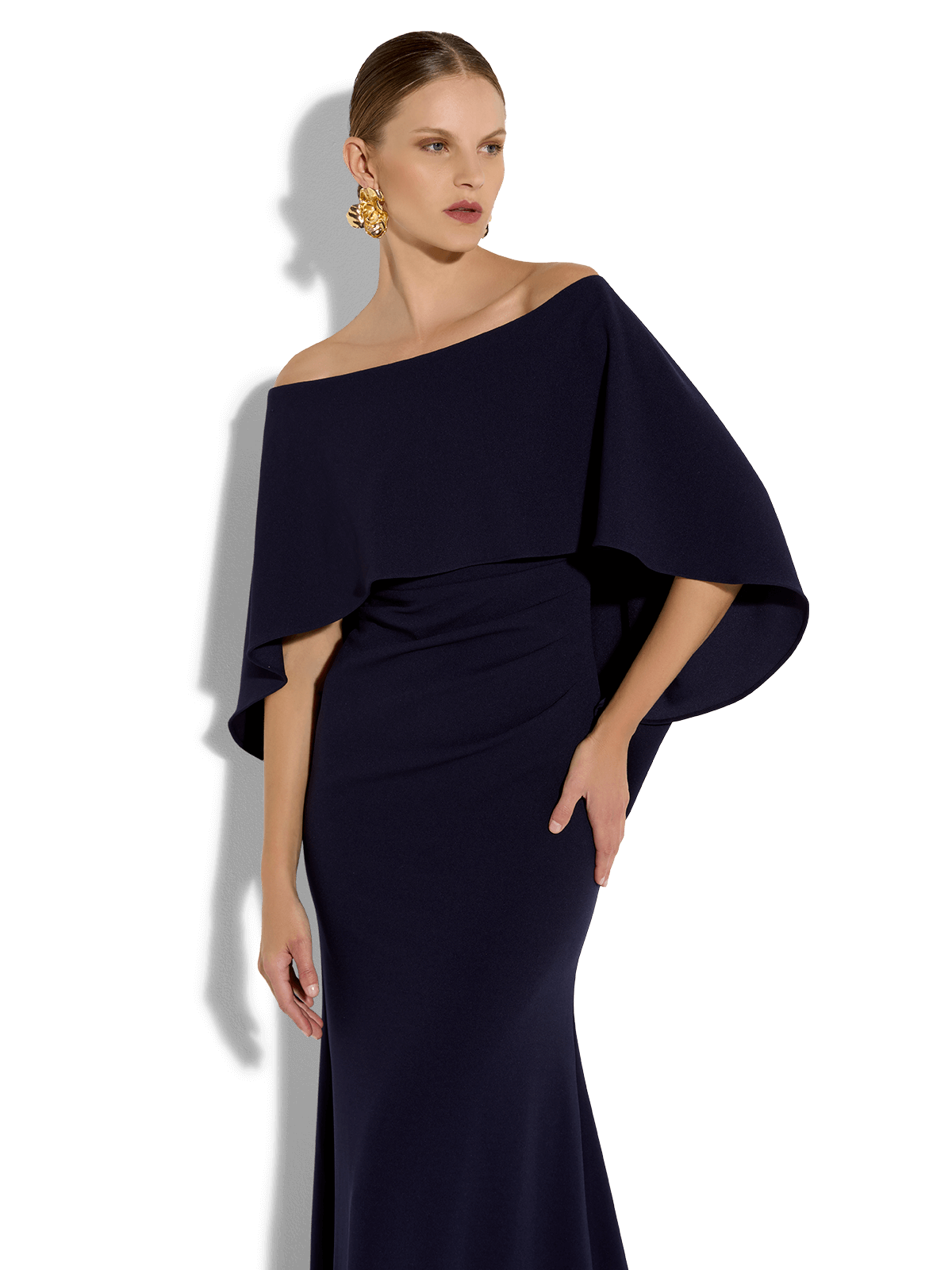 Ariella Navy Stretch Crepe Gown | Montique | Navy Off-the-Shoulder Gown Ariella Navy Stretch Crepe Gown | Montique | Navy Off-the-Shoulder Gown