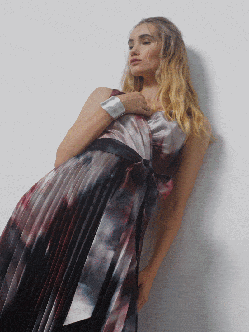Ange Printed Pleat Cocktail Dress