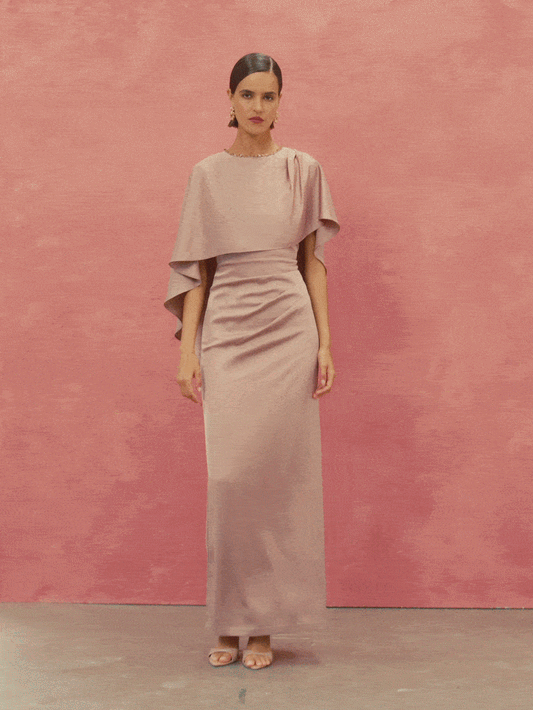 Claire Vintage Pink Beaded Satin Overlay Gown
