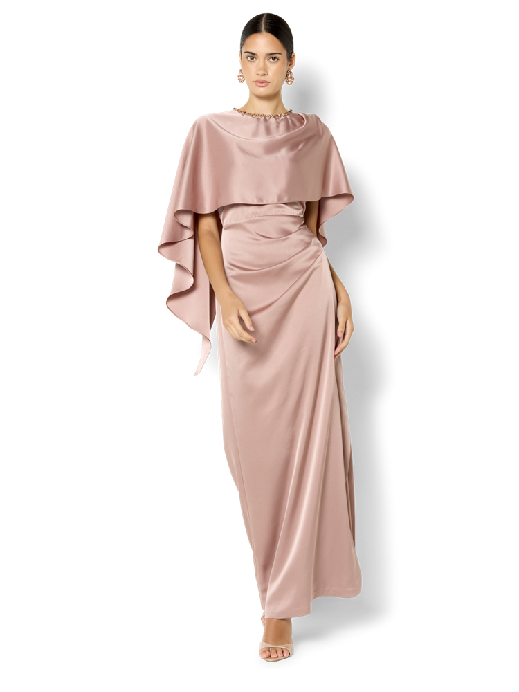 Claire Vintage Pink Beaded Satin Overlay Gown