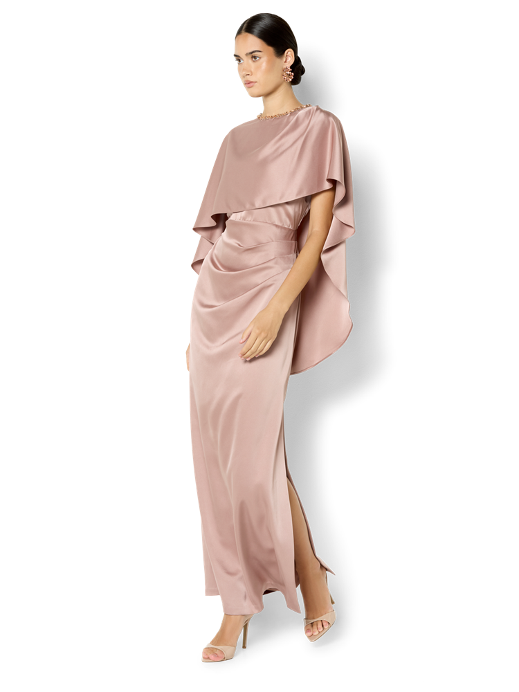 Claire Vintage Pink Beaded Satin Overlay Gown