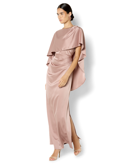 Claire Vintage Pink Beaded Satin Overlay Gown