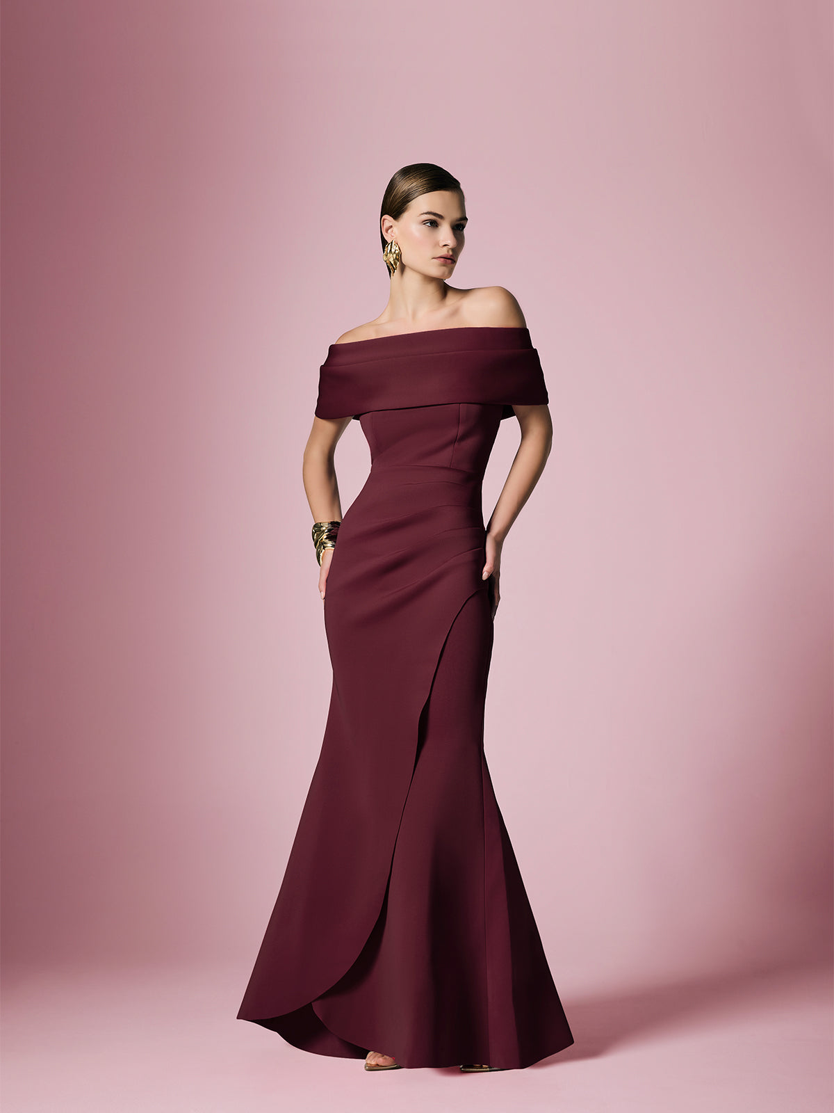 Dalton Merlot Off The Shoulder Gown