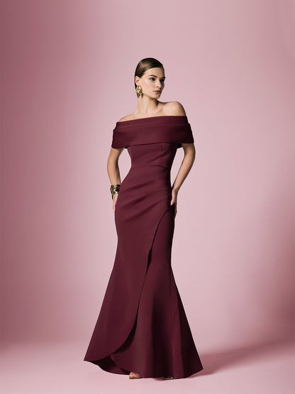 Dalton Merlot Off The Shoulder Gown
