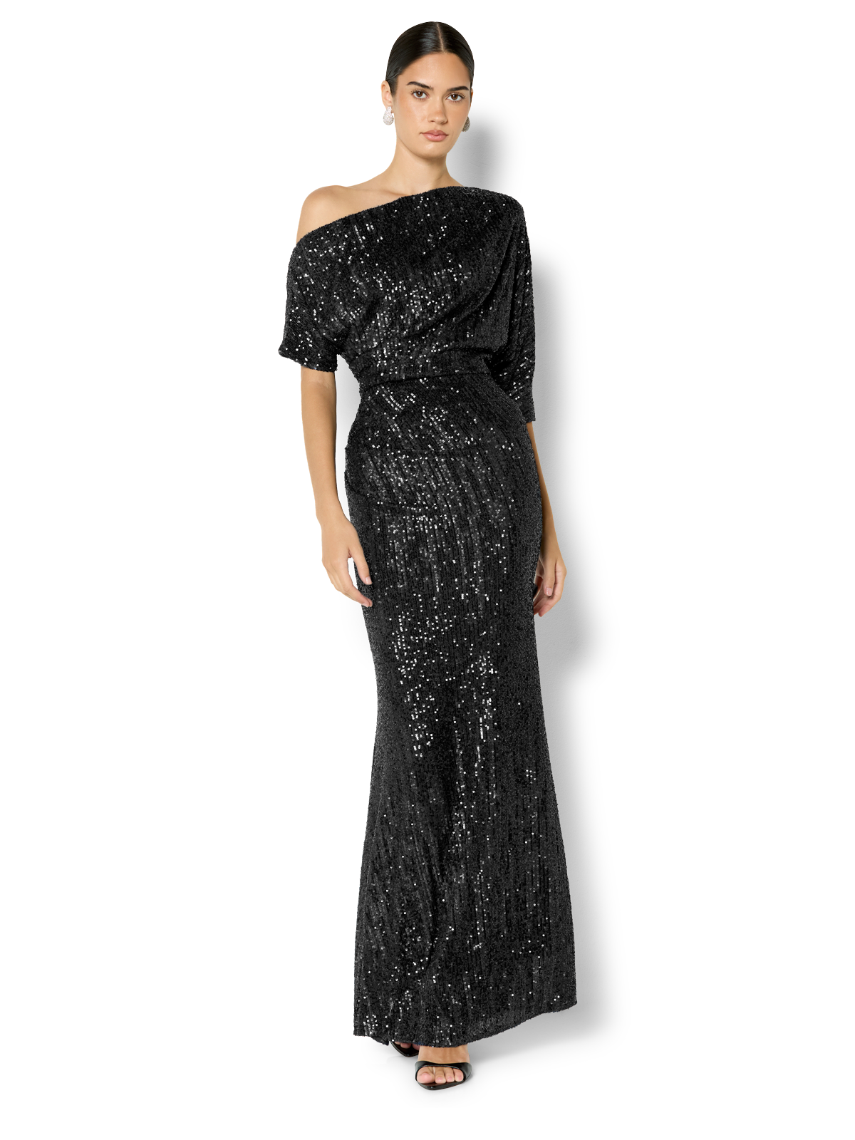 Della Black Off the Shoulder Sequin Gown