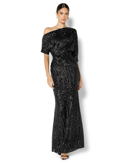 Della Black Off the Shoulder Sequin Gown