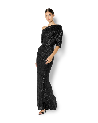 Della Black Off the Shoulder Sequin Gown