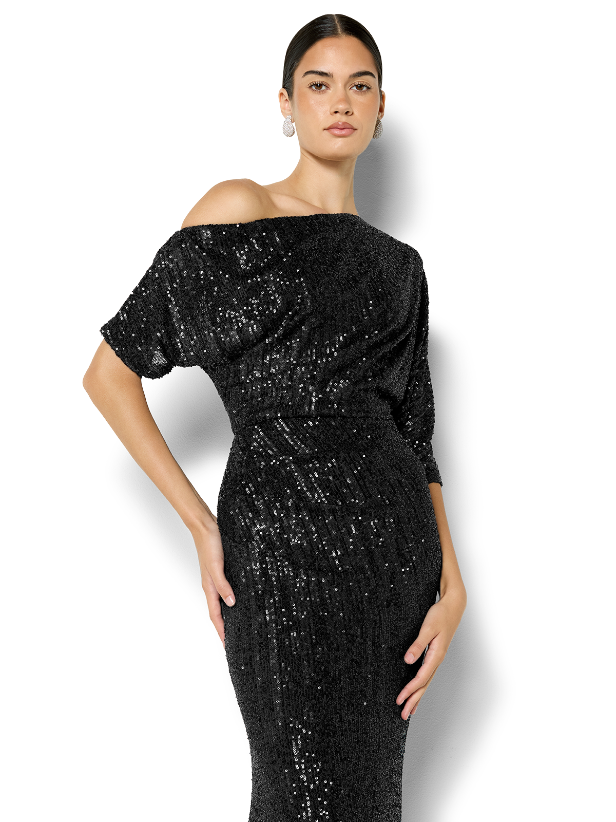Della Black Off the Shoulder Sequin Gown