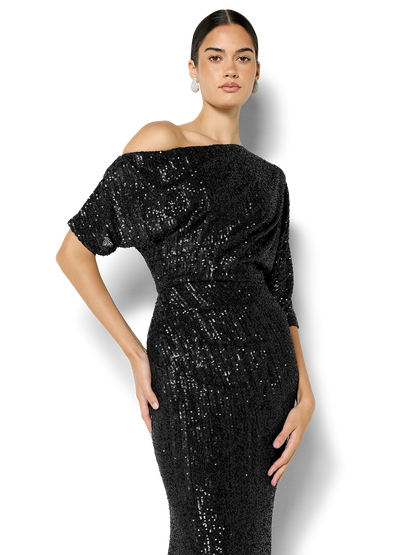 Della Black Off the Shoulder Sequin Gown