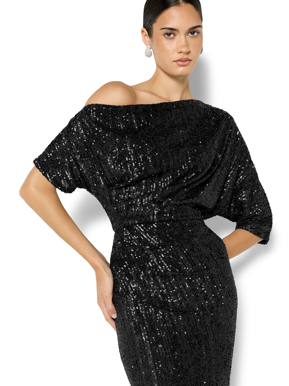 Della Black Off the Shoulder Sequin Gown