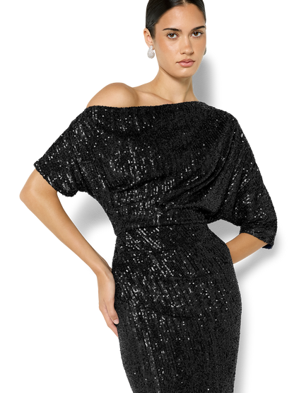 Della Black Off the Shoulder Sequin Gown