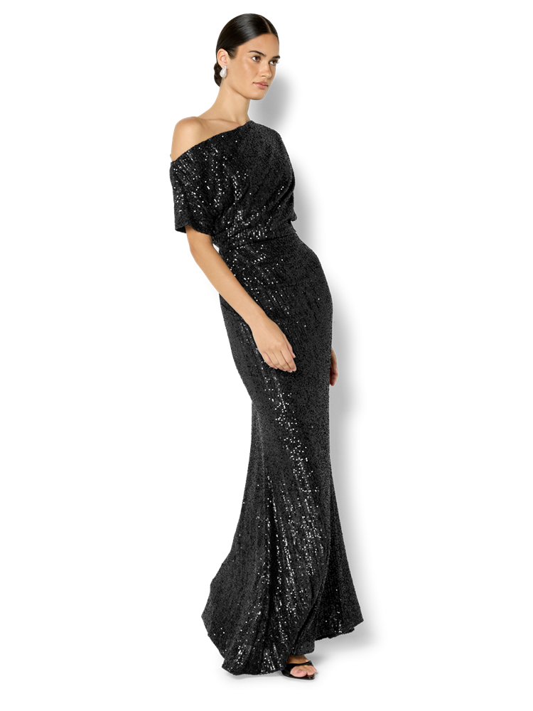 Della Black Off the Shoulder Sequin Gown