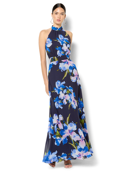 Eliana Navy Floral Print Halter Dress