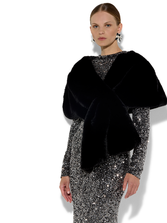 Karine Black Faux Fur Shawl