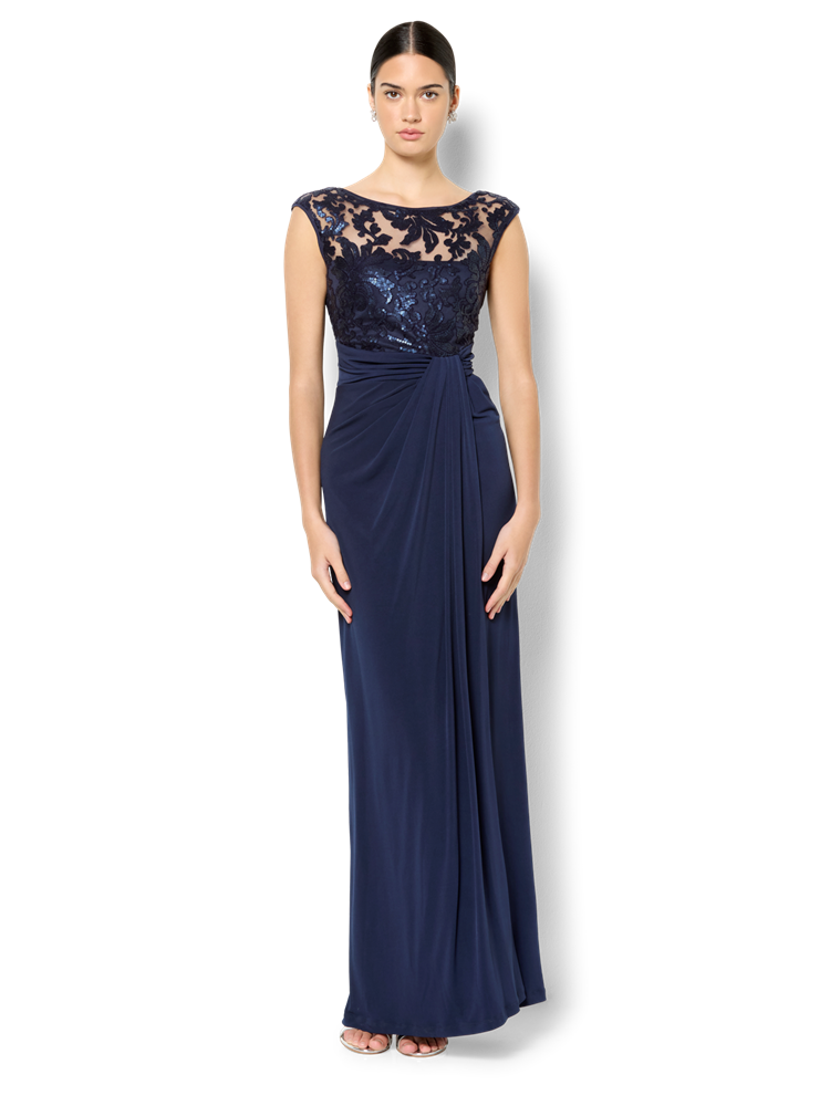 Leona Navy Sequin Lace Gown - Montique Clothing