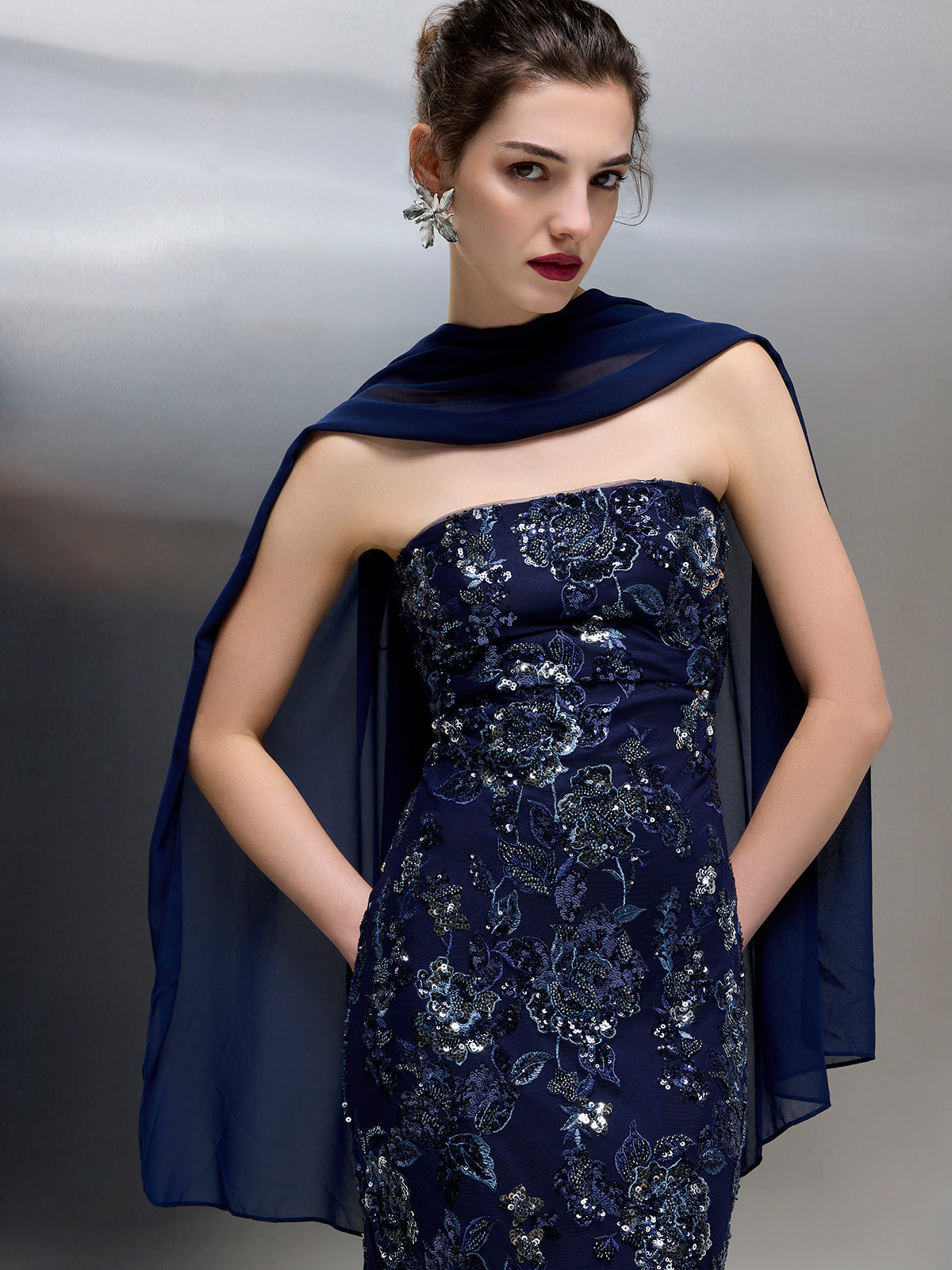 Angeline Navy Chiffon Overlay Wrap