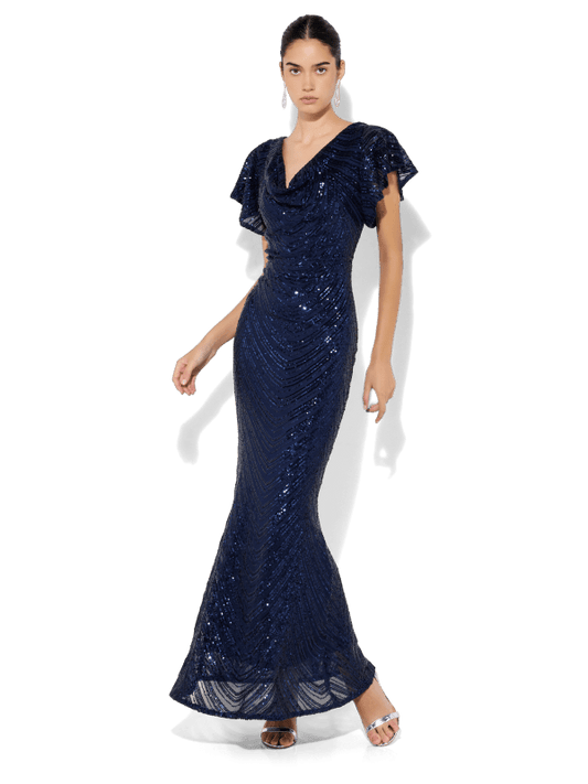 Anova Navy Sequin Gown by Montique