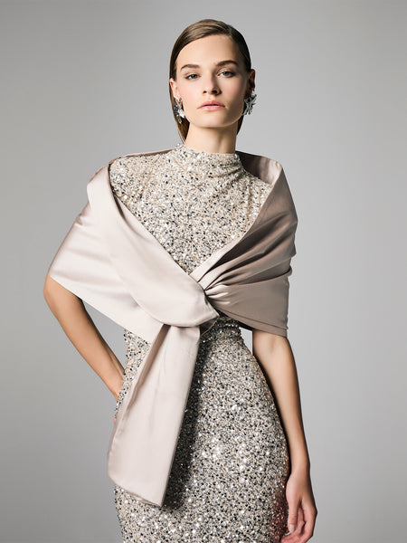 sheer jackets for evening dresses australia Modern Matte Satin Wedding Dress with Sheer Organza Overlay and Detachable Beaded Jacket main image 0