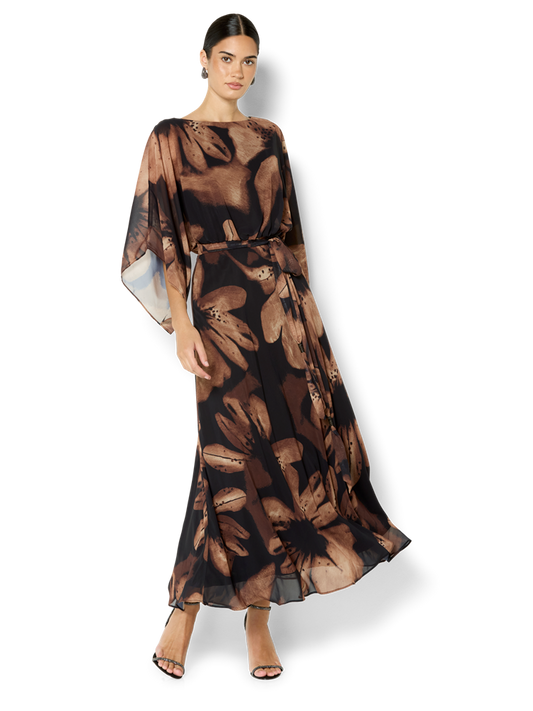 Charlize Cinnamon Chiffon Printed Dress