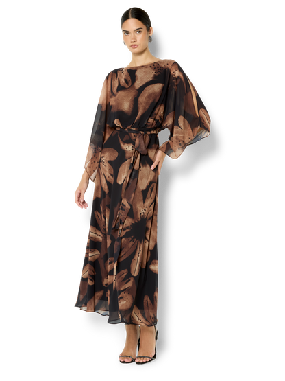 Charlize Cinnamon Chiffon Printed Dress