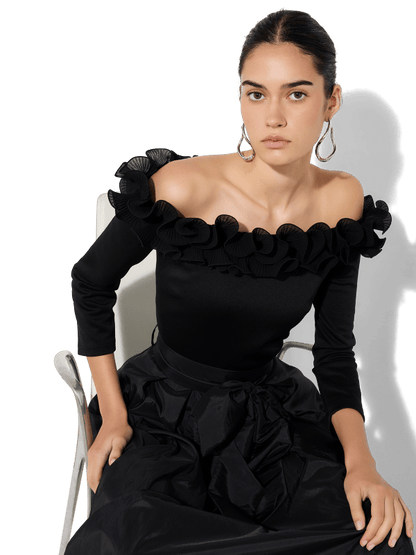 Elise Black Frill Trim Top by Montique