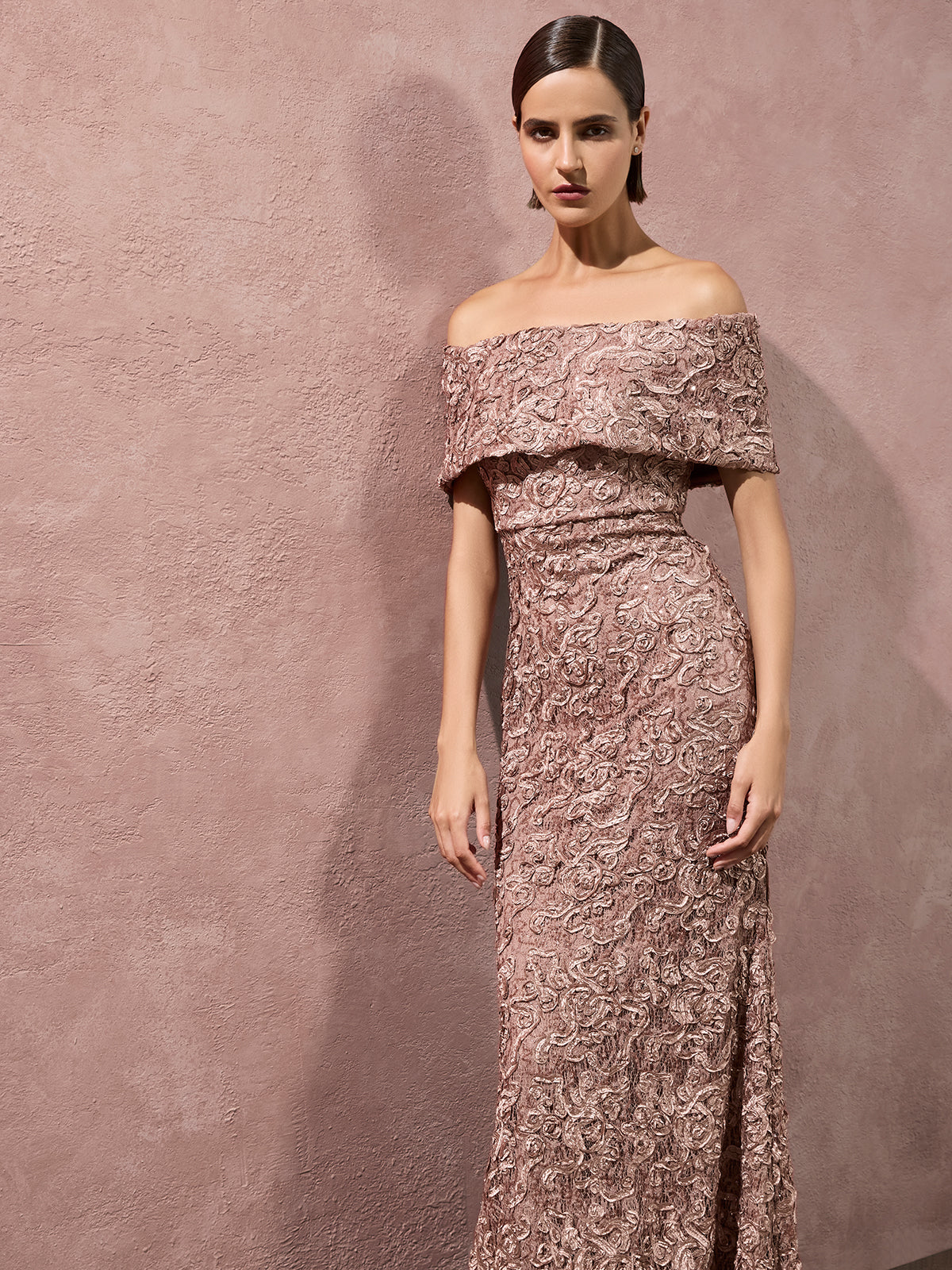 Emerson Mocha Off the Shoulder Gown