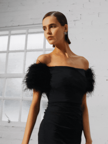 Enora Black Feather Trim Cocktail Dress