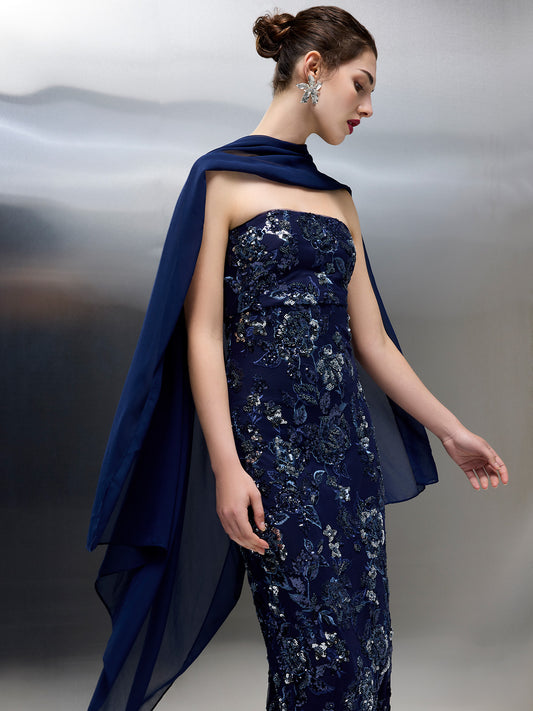 Angeline Navy Chiffon Overlay Wrap