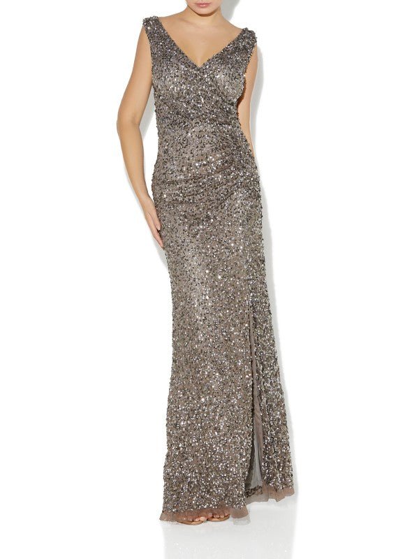 Layla Gunmetal Hand Beaded Wrap Gown by Montique