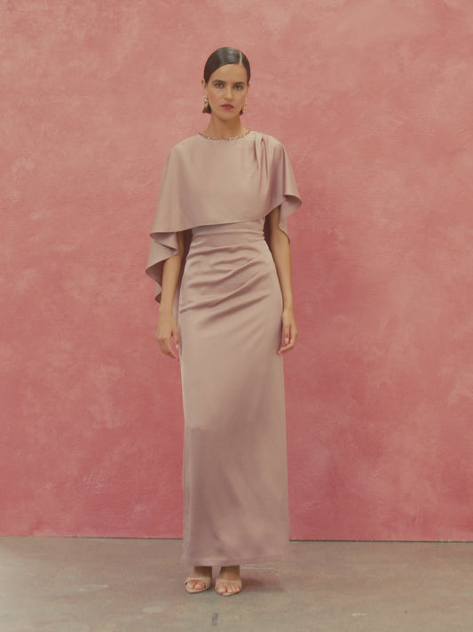 Claire Vintage Pink Beaded Satin Overlay Gown