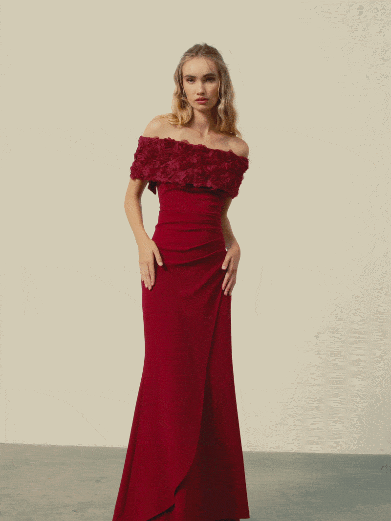 Toni Merlot Off The Shoulder Gown