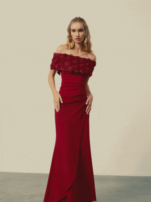 Toni Merlot Off The Shoulder Gown