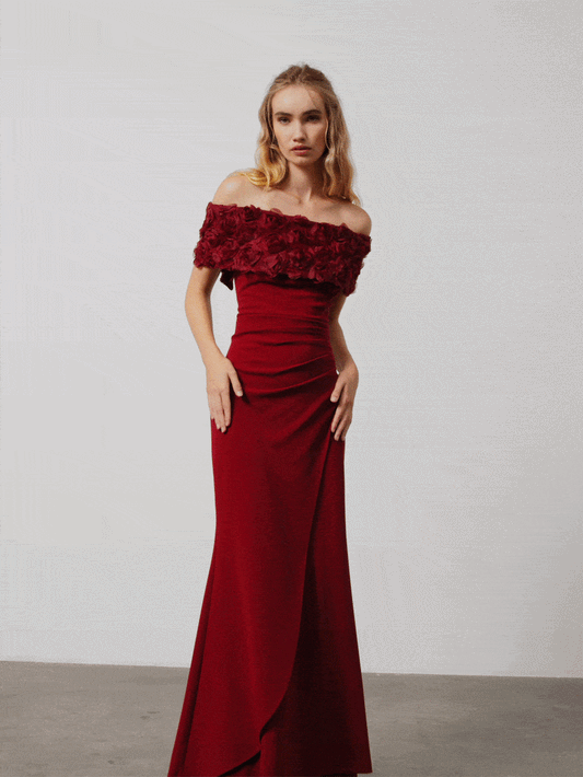 Toni Merlot Off The Shoulder Gown