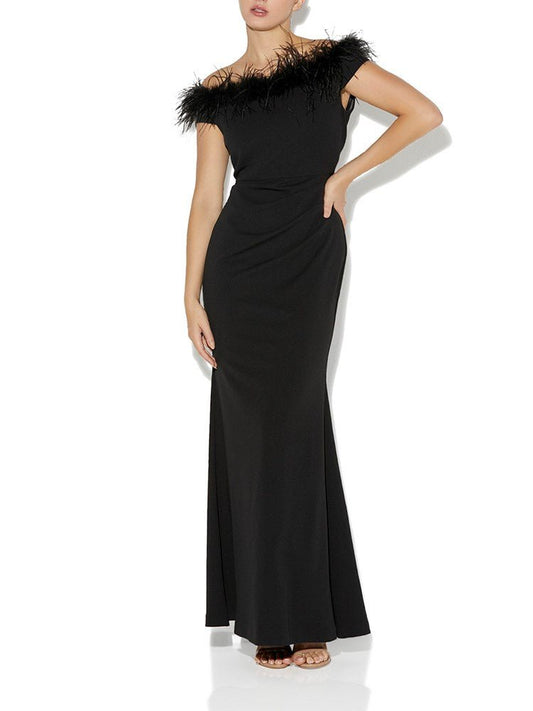 Alessandra Black Feather Trim Gown by Montique