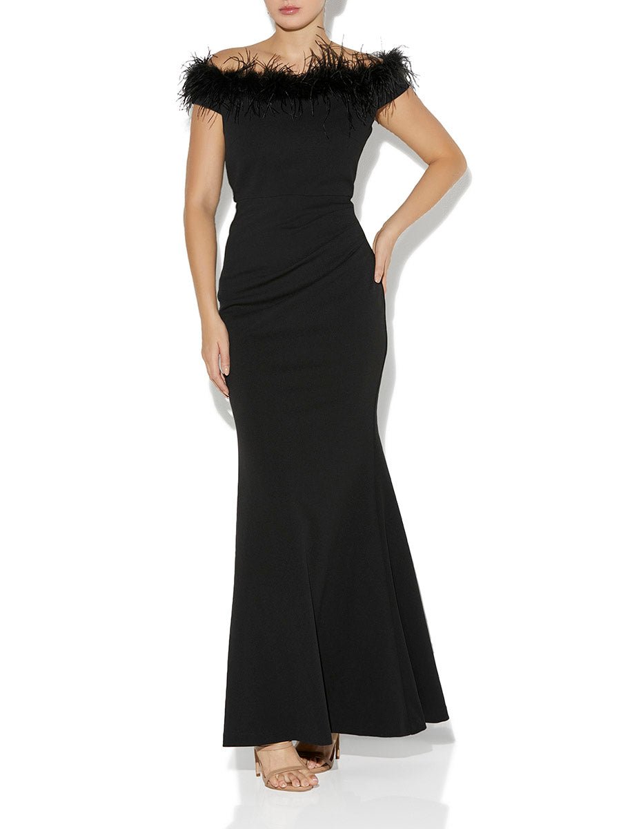 Alessandra Black Feather Trim Gown by Montique
