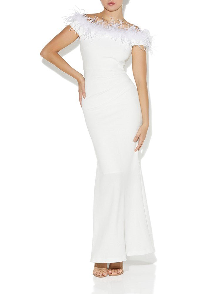 Alessandra Ivory Feather Trim Gown by Montique