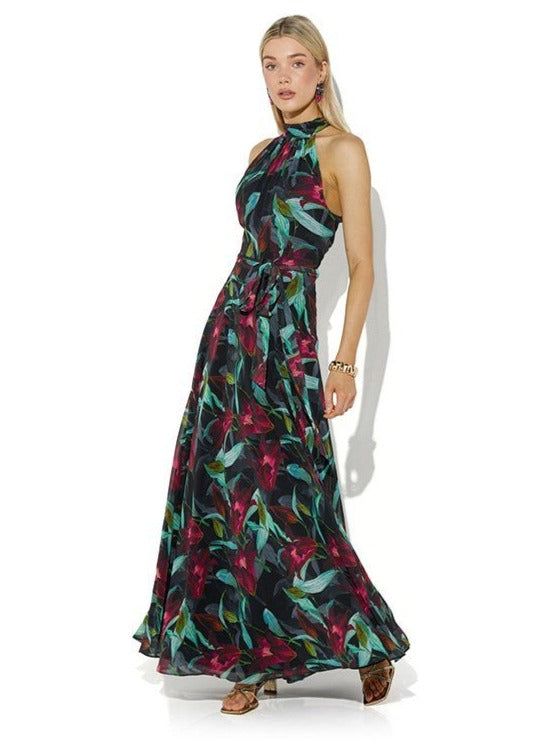 Fifi Tropical Print Halter Gown by Montique