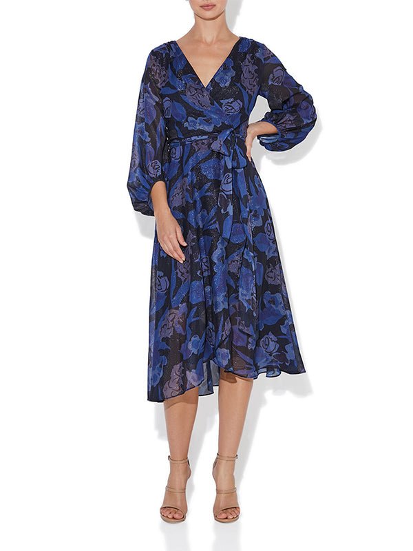 Simona Navy Printed Lurex Dress by Montique