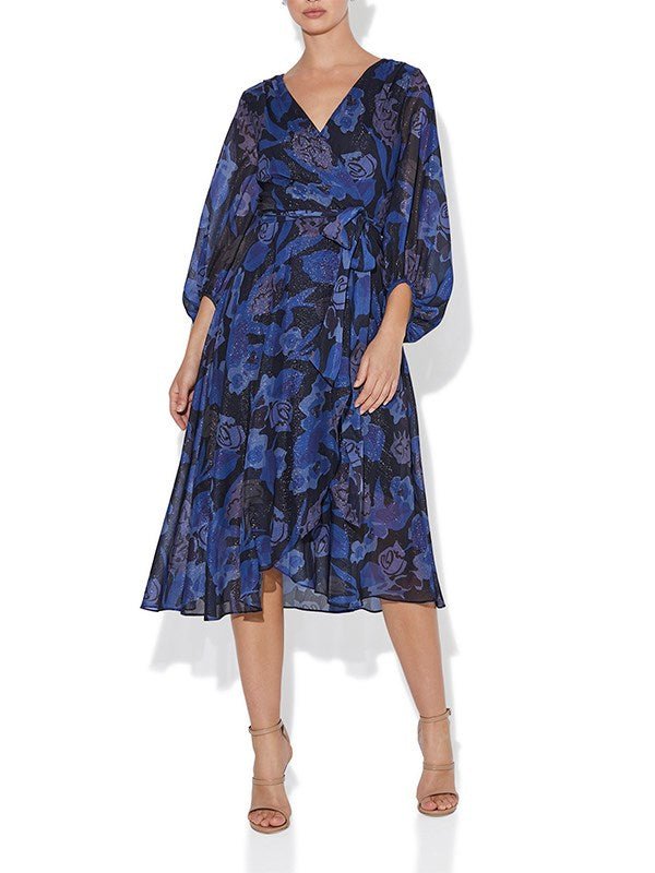 Simona Navy Printed Lurex Dress by Montique